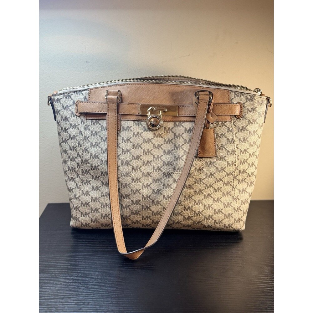 Michael Kors Signature Handbag Brown With Gold tone Lock Zippered